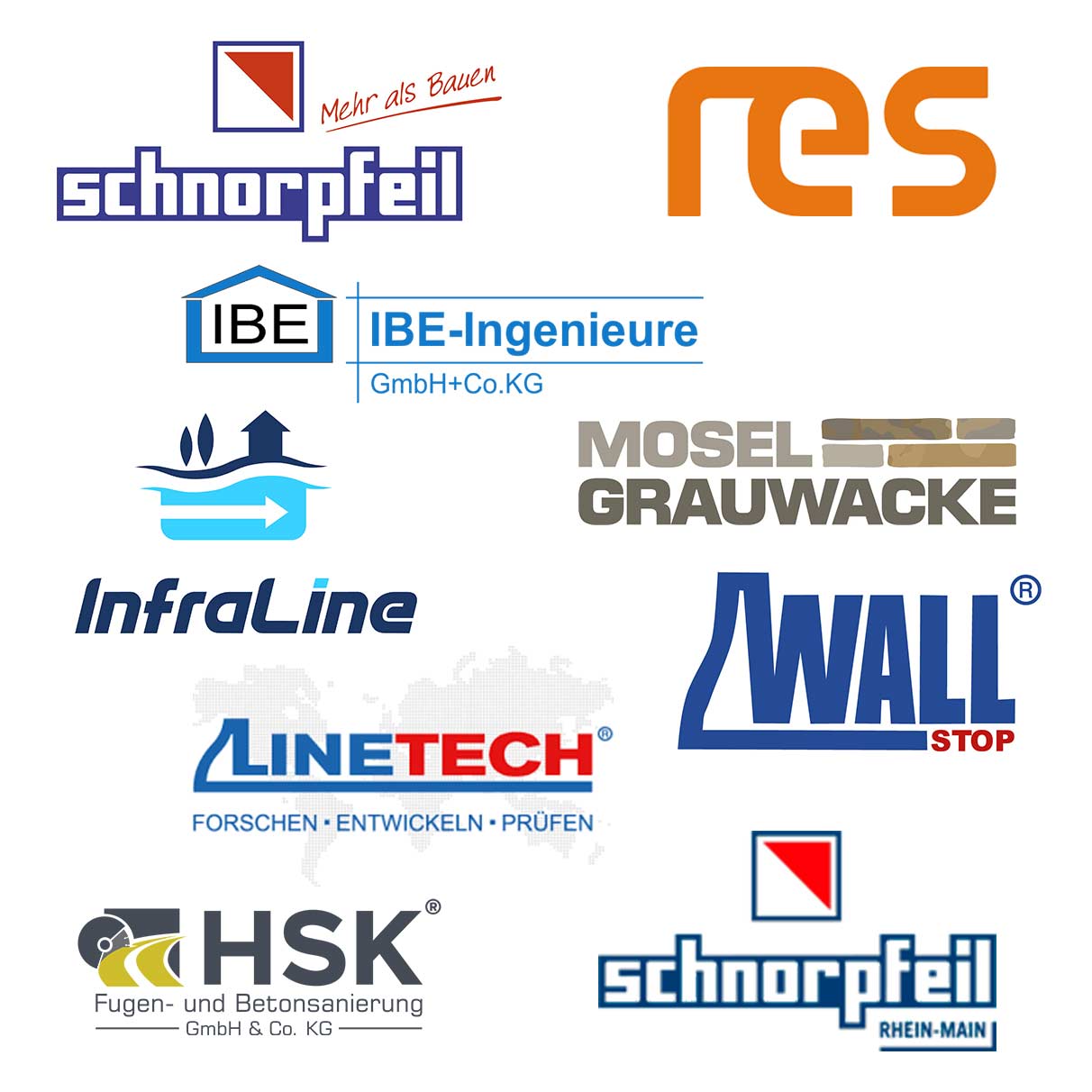 Die Logos meiner Kunden Schnorpfeil Bau, RES, Infraline, Wallstop, Linetech, Schnorpfeil Rhein-Main, HSK Fugen- und Betonsanierung, Schnorpfeil Baustoffe, IBE Ingenieure und weitere